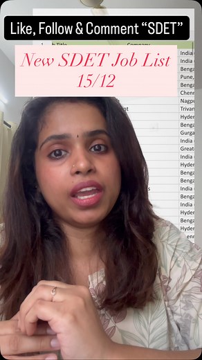 Sreenidhi Rajakrishnan | Automation Architect @ IBM on Instagram: "15/12 New SDET Jobs posted in last 24 hours! #manualtestingjobs #automationtestingjobs #sdetjobs [SDET Hiring, SDET jobs, Software Development Engineer In Test, Manual Testing Jobs, Automation Testing Jobs]"