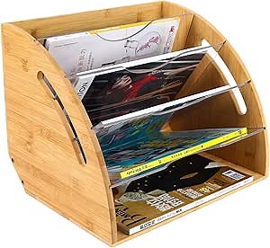 TQVAI Natural Bamboo Fan-Shaped Desktop File Organizer with Acrylic Dividers File Folder Rack - Fit for Storage Office File, A4 Documents, Magazine, Books, Original