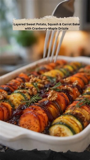 Layered Sweet Potato, Squash & Carrot Bake with Cranberry-Maple Drizzle