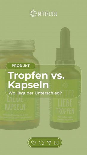 BitterLiebe on Instagram: "Tropfen oder Kapseln – was passt besser zu mir? 👀 Grundsätzlich gibt es hier kein richtig und falsch, es kommt ganz auf Deine persönlichen Präferenzen an. 👉 Unsere BitterLiebe Tropfen enthalten wertvolle Bitterstoffe aus 15 Naturkräutern. Sie wirken schnell, weil sie direkt auf der Zunge ankommen – vor allem perfekt nach dem Essen, bei Völlegefühl oder Süßhunger. Durch den praktischen Pipettenverschluss sind sie außerdem ideal für unterwegs, und ihre Wirkung ist wiss