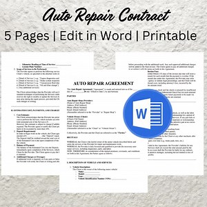 Auto Repair Service Agreement Template: Editable Mechanic Contract (word) - Etsy
