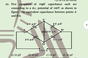 Five capacitors of 10 \mu \mathrm {~F} capacitance each are con... | Filo