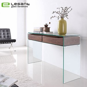 [Hot Item] Modern Glass Console Desk with Ash Wood Veneer Drawers