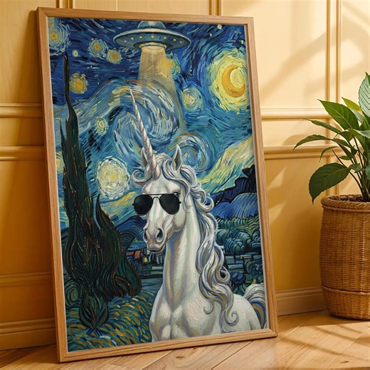 Starry Night Unicorn UFO Poster, Cool Sunglasses Unicorn Print, Van Gogh Inspired Art, Alien Abduction Fantasy Wall Decor, Quirky Sci Fi - Etsy