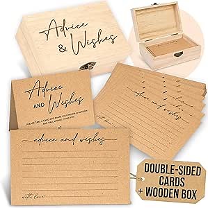 Advice and Wishes Cards Box - 50 Pcs Rustic Baby Shower Advice Cards, Wedding Advices Card for Bridal Shower, Well Wishes Box for Graduation, Christmas, Birthday Party Decorations