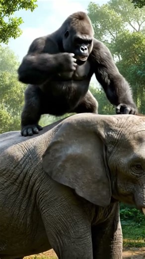 Gorilla Rides an Elephant Through the Jungle