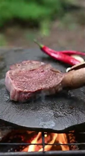 Cooking Tomahawk Steak on a Hot Stone 🥩🔥🌲 #bushcraft #outdoorcooking #steak #camping #foodasmr