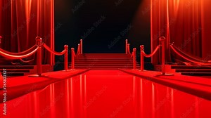 Red carpet with red carpet illuminated by spotlights. 3D rendering, empty Red carpet, AI Generated