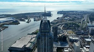 Mobile Alabama and aerial view of Mobile Bay and Gulf Coast City. Aerial orbit of downtown.