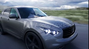 Luxury suv very fast driving on highway. Transport concept. Realistic 4k animation.