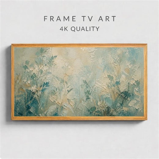 Soft Teal Floral Frame TV Art, Textured Botanical Canvas TV Art, Hisense Canvas TV Art, Samsung Frame 4K Digital Download - Etsy
