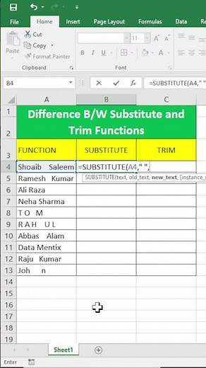 TRIM vs SUBSTITUTE in Excel | Remove Extra vs All Spaces