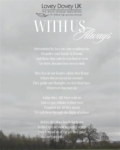 𝘾𝙚𝙡𝙚𝙗𝙧𝙖𝙩𝙞𝙣𝙜 𝙩𝙝𝙤𝙨𝙚 𝙩𝙝𝙖𝙩 𝙡𝙞𝙫𝙚 𝙤𝙣 𝙞𝙣 𝙤𝙪𝙧 𝙝𝙚𝙖𝙧𝙩𝙨❤️ 🥂𝓞𝓷 𝓨𝓸𝓾𝓻 𝓦𝓮𝓭𝓭𝓲𝓷𝓰 𝓓𝓪𝔂 🕊Releasing doves is an uplifting way to include loved ones no longer here. This is done immediately after your vows and following a poem or a speech we write especially for you.🕊 ✨️Every couple/family is different. Some want a simple poem (sample in video) or names read out, some want a personal memory mentioned. Its really up to you. We write everything for you - no AI - w
