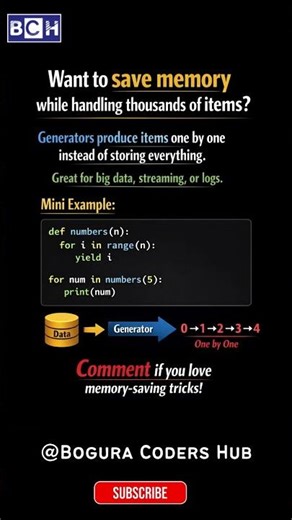 Python Generators Explained in 08 Seconds ⚡ Save Memory Like a Pro | Python for Beginners|Learn Code