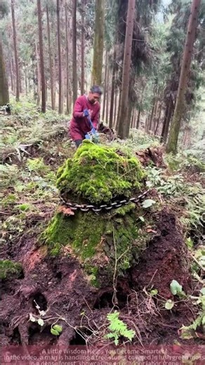 Handling a moss - covered tree stump in the forest How is this ancient stump dealt with