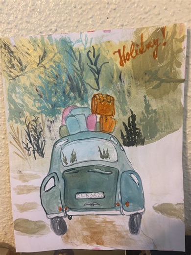 Vintage Car Watercolor Illustration, Cozy Road Trip Landscape Art