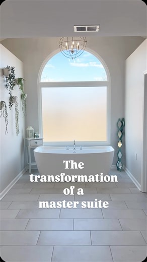 Here is the before and after of our current master suite 😍 When we started to rehab this house we felt like this master bedroom was way too big 🤣 who needs that much space??? It was a fun remodel though! When we started to remove the existing tile in the bathroom it was harder than expected… turns out the old owners had tiled overtop of old tile 🤯 so we had to remove TWO layers of tile and grout!!!! We changed the electrical to accommodate a single chandelier over the master bath, instead of
