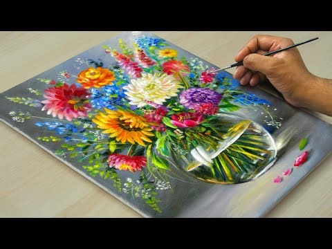 🎨 Painting Colourful Flowers in a Glass Vase / Relaxing Acrylic Still Life Tutorial/ STEP BY STEP #3
