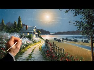 Oil Painting Landscape - Full Moon Summer / Easy Art / Drawing Lessons / Satisfying Relaxing