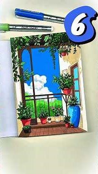 30-Day Challenge: How To Draw a Balcony Garden Escape Art Tutorial (with Acrylic Markers )