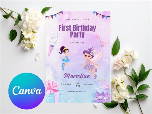 Fairy Princess First Birthday Invitation – Purple Watercolor Baby Girl Invite (editable PDF) - Etsy