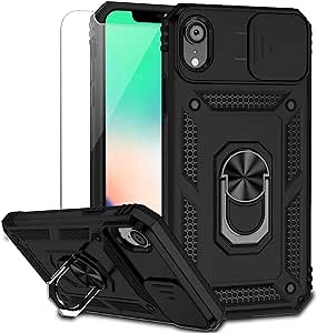 for iPhone XR Case with Camera Lens Cover HD Screen Protector, Dual Layer [15 FT Military Grade Drop Protection] Magnetic Ring Holder Kickstand Protective Phone Case for iPhone XR 6.1 inch (Black)