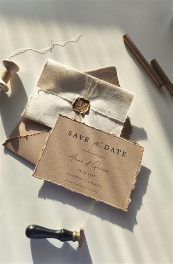 Luxury Save the Date, Fine Paper Jacket, Handmade Save the Dates, Neutral Invitations, Brown Invite, Wax - Etsy