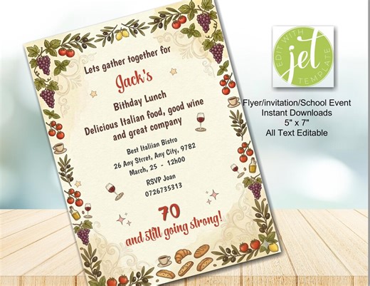 Editable Invitation, Italian Birthday Lunch Printable, Dinner Party Invite, Tuscan Birthday Invite, Mediterranean Birthday, Birthday Invite - Etsy