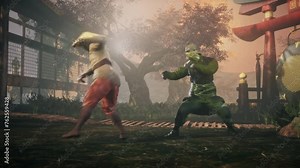 Animation of the two fighter characters involved in computer game combat. Animation of the combat between two opponents in the fighting game. Animation of combat battle in the video game.