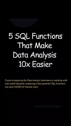 Code Crush | Data Analytics on Instagram: "🚀 5 SQL Functions That Make Data Analysis 10x Easier If you’re preparing for Data Analyst interviews or working with real-world datasets, mastering these SQL functions will save HOURS of manual work. 🔥 GROUP BY – Summarize data instantly 🔥 CASE WHEN – Apply smart business logic 🔥 ROW_NUMBER() – Ranking & top performers 🔥 COALESCE() – Handle NULL values like a pro 🔥 DATE_TRUNC() – Powerful time-based analysis These functions are used in almost ever