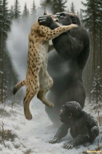 Gorilla Fights Lynx to Protect Baby 🦍🐆 #animals #shorts #meow #wildlife #funny #cat #catandmouse