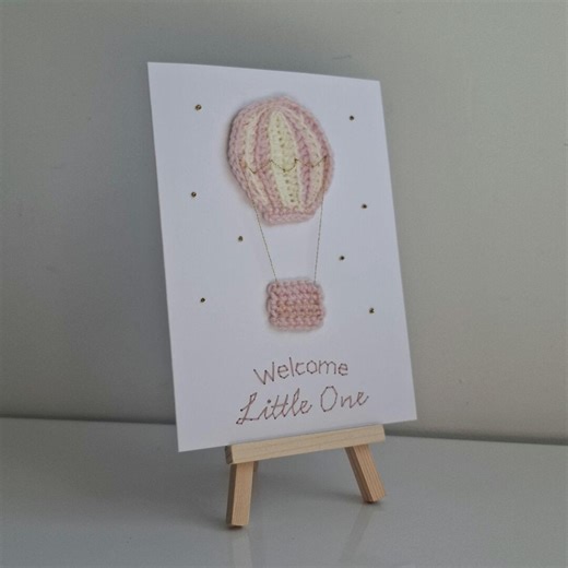 Handmade Crochet Hot Air Balloon Card, Embroidered Baby Girl Welcome card