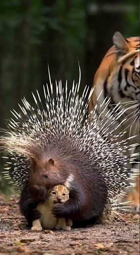 Porcupine hugs baby, tiger sneaks up! 🦔🐯😲 #Porcupine #Tiger #Baby #Wildlife