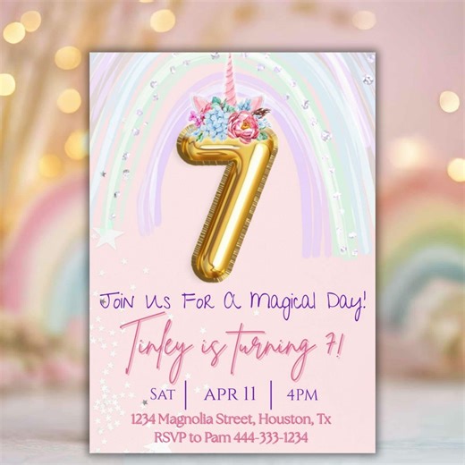7th Birthday Unicorn Invitation, Editable Pastel Rainbow Party (digital Download) - Etsy Australia