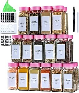 48 Glass storage jars，Glass Spice Jars with Label-4oz Spice Containers with Lids and Shaker Lids,3 Sets of Spice Labels 1 Collapsible Funnel 2 Erasable Markers for Spice Rack, (48)
