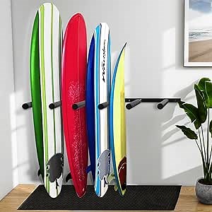 Surfboard Wall Mount - Vertical 4/6 Arms Storage with Rubber Mat, Paddle Rack for SUP, Ski, Skateboards