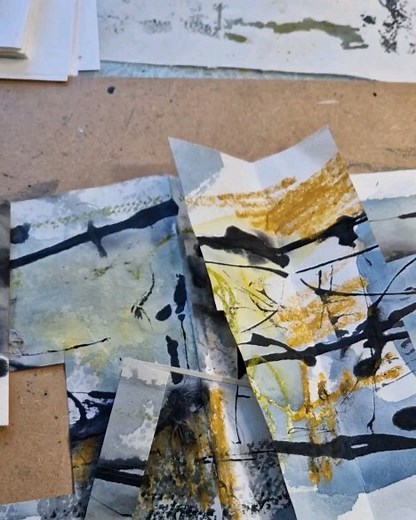 I had a sheet of thin fibrous paper that I made into a concertina sketchbook. It's been sitting around for a while because there was really nothing about it that I liked. So I took the scissors to it and found some areas, wait for it....that I really love! And then I cut and tore the remaining scraps to make into little thumbnail compositions. I worked quickly, trying to keep the thinky brain away. Mixed results, but the whole process was relaxing, revealing, interesting. Note to self: even the 