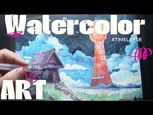 Watercolor Landscape Timelapse | Fantasy Tower & Cottage Painting
