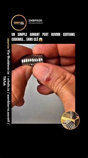 ZMBPROD on Instagram: "Un aimant très puissant peut ouvrir certains cadenas en seulement quelques secondes. Cela concerne principalement des serrures de faible complexité, dont les mécanismes internes utilisent des goupilles à ressort fabriquées avec des métaux ferromagnétiques. Lorsqu’un aimant est placé contre la serrure, la force magnétique attire ces goupilles vers le haut, reproduisant ainsi l’effet normal d’une clé. Dans ce cas précis, l’ouverture ne dépend pas d’une rotation mécanique : l