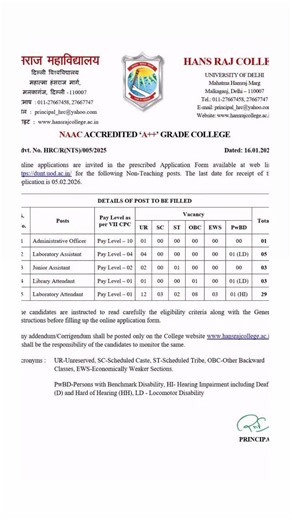 DSSSB BOARD on Instagram: "Hansraj college recruitment 2026 Online applications are invited in the prescribed Application Form available at web link https://dunt.uod.ac.in/ for the following Non-Teaching posts. The last date for receipt of the application is 05.02.2026. #dsssbboard #dsssb #hansrajcollege #duvacancy"
