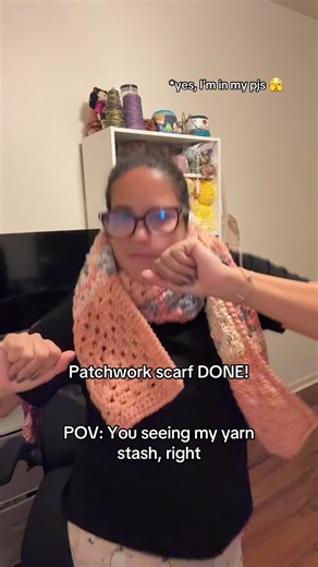 A little dance break in my pjs never hurt anyone! 😜 Patchwork scarf done! First time making this and I think I like it 😍! This one is being gifted but come next winter, I’ll definitely make more!! I used 2 different skeins of ILTY, a 5.5mm. Each granny square is 6 rounds. I made 11 squares. Joined them with a front loop to back loop SC. My border is one row of BLO SC and then ch 1, turn and make another row of FLO SC. Tag me if you make one!!! #crochetawaywithjess #patchworkscarf #crochetersof