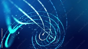 Looped animation in style futuristic motion design, animation featuring glowing particles that form dynamic spirals or strings. Glowing particles with a bokeh effect. DOF glow blue particles