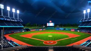 A view of an empty baseball field lit by stadium lights. The stands are empty, and the field is ready for a game.