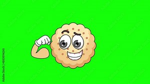Flexing muscle of biscuit round cartoon, strong pose mascot animation on a green screen