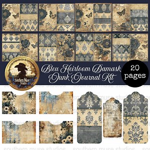 Bleu Damask Journal Kit, 20 Page Digital Download, Junk Journal Paper, Printable Tags, Scrapbook Pockets, Vintage Theme, Collage Sheet - Etsy