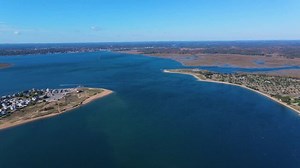 Salisbury Beach aerial view in Salisbury Beach State Reservation next to Merrimack River mouth to Atlantic Ocean in town of Salisbury, Massachusetts MA, USA.