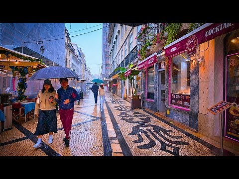 Rainy Lisbon Walk Tour 2025 ☔️ Lisbon Heavy Rain Showers in Baixa | 4K HDR