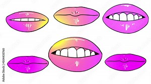 Animation with multi-colored lips on a white screen. Kisses and smiles. Cartoon female lips and snow-white teeth. 4K beauty video with alpha channel.