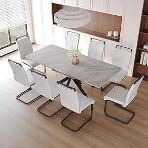 Modern Dining Table Set for 8,Adjustable Dining Table,Rectangular Rock Slab Dining Table for 8-10 People,Metal Base and Legs for Living Room,Dining Room,Kitchen,78" Dining Table+8 White Chairs