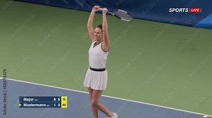 Sports TV Broadcast of Female Tennis Championship Match with Score. Professional Woman Athlete Compete, Lands Perfect Shot, wins Game. Network Channel Television Playback